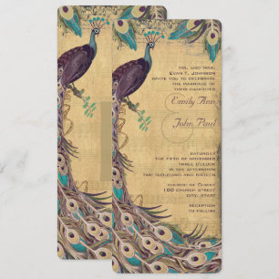 Aubergine Aquamarin und Gold Pfau Vintage 3 Federn Einladung