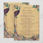 Aubergine-Aquamarin-Vintage-Pfau-Hochzeitsprogramm Programm (Vorne/Hinten)