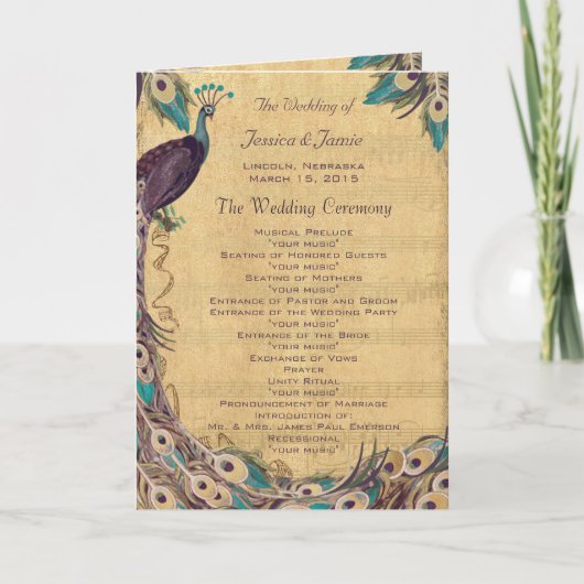 Aubergine-Aquavintage-Pfau-Hochzeitsprogramm Programm (Vorderseite)