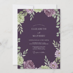 Aubergine Bemalte Blätter Hochzeit Einladung