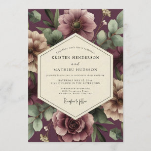 Aubergine-Blush-Moody-Flora-Hochzeit Einladung
