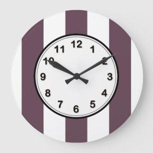 Aubergine Eggplant and White XL Stripes Pattern Große Wanduhr