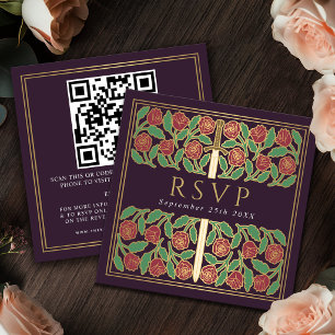 Aubergine Gold Floral Royal Hochzeit RSVP QR Code Begleitkarte