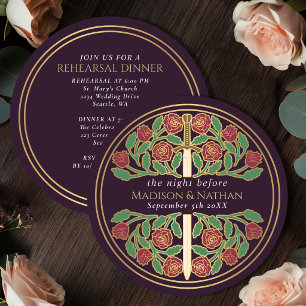 Aubergine Gold Floral Schwert Hochzeitsprobe  Einladung