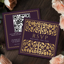 Aubergine Goldschwert Königliche Hochzeit RSVP QR  Begleitkarte