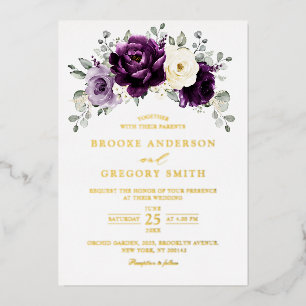 Aubergine Lila Elfenbeinweiß Florale Hochzeit Folieneinladung