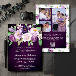 Aubergine Lila Floral QR Code Dunkle Moody Hochzei Einladung