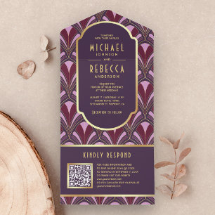 Aubergine Lila Gold Art Deco QR-Code Hochzeit All In One Einladung