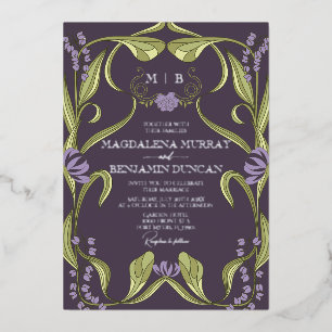 Aubergine Lila Lila Art Nouveau Florale Hochzeit Folieneinladung