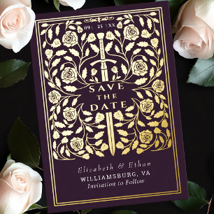 Aubergine Mittelalter-Schwert Hochzeit Save-the-Da Folieneinladung