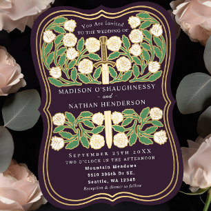 Aubergine Royal Mittelalterlich Weiß Floral Schwer Einladung