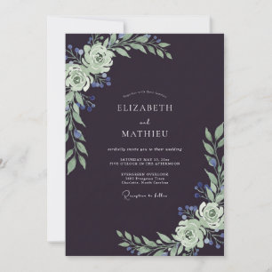 Aubergine-Salbei-Bemalte Hochzeit Einladung
