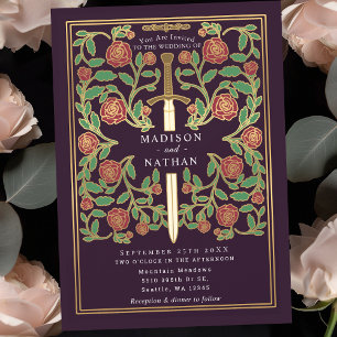 Aubergine-Schwert-Blumen-Mittelalter-Fantasy-Hochz Einladung