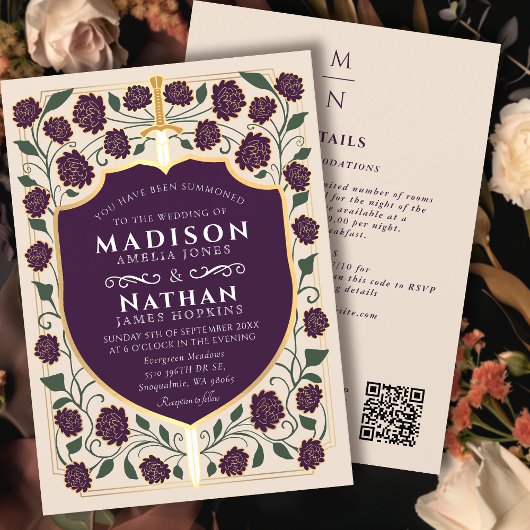 Auberginen-Schwert-Schild-Fantasy-Hochzeit-QR-Code Einladung