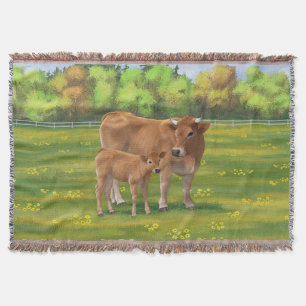 Aubrac Cow & Niedlich Calf in Frühlingsweide Decke