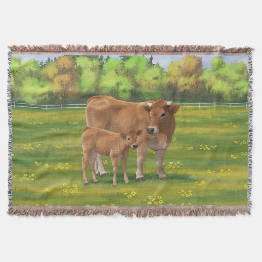 Aubrac Cow & Niedlich Calf in Frühlingsweide Decke (Vorderseite)