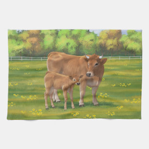 Aubrac Cow & Niedlich Calf in Frühlingsweide Geschirrtuch