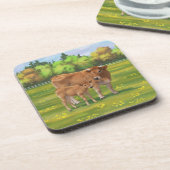 Aubrac Cow & Niedlich Calf in Frühlingsweide Getränkeuntersetzer (Linke Seite)