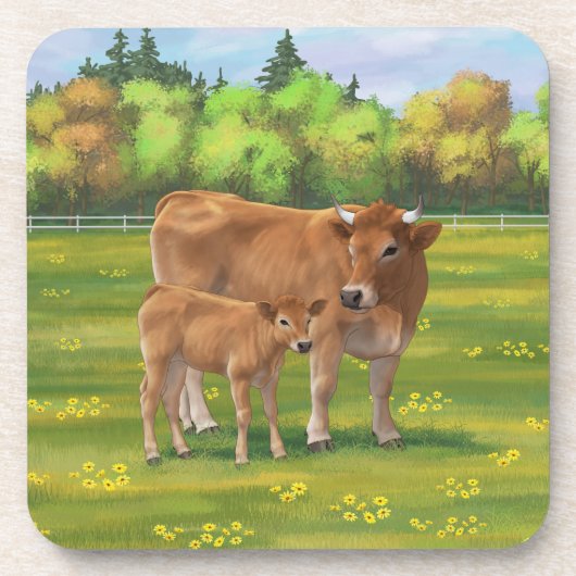 Aubrac Cow & Niedlich Calf in Frühlingsweide Getränkeuntersetzer (Vorderseite)