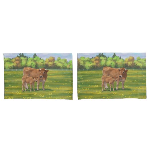 Aubrac Cow & Niedlich Calf in Frühlingsweide Kissenbezug (Vorderseite-Set)