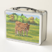Aubrac Cow & Niedlich Calf in Frühlingsweide Metall Brotdose (Rückseite)