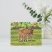 Aubrac Cow & Niedlich Calf in Frühlingsweide Postkarte (Stehend Vorderseite)