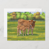 Aubrac Cow & Niedlich Calf in Frühlingsweide Postkarte (Vorne/Hinten)