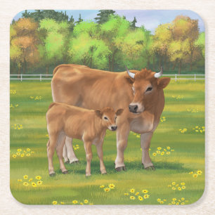 Aubrac Cow & Niedlich Calf in Frühlingsweide Rechteckiger Pappuntersetzer