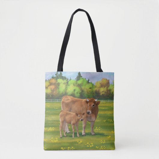 Aubrac Cow & Niedlich Calf in Frühlingsweide Tasche (Vorderseite)
