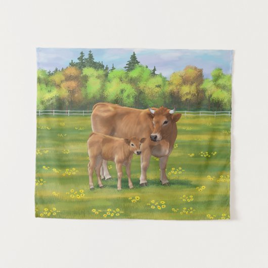 Aubrac Cow & Niedlich Calf in Frühlingsweide Wandteppich (Vorderseite (Horizontal))