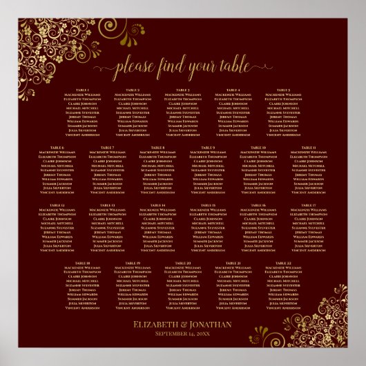 Auburn Brown & Gold Lace 22 Table Seating Chart Poster (Vorne)