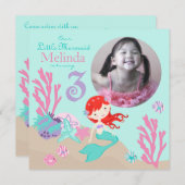 Auburn Mermaid Dritter Geburtstag Einladung (Vorne/Hinten)