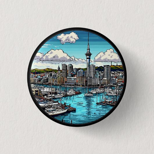 Auckland Skyline mit Hafen und Yachten Button (Vorderseite)