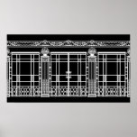 AUDREY'S ART DECO IRONWORK: WEISS AUF SCHWARZ POSTER<br><div class="desc">Audrey's Ironwork ist der schmiedeeiserne Zaun und das Tordesign aus dem Hintergrund unseres Art-Déco-Modedesigns "Audrey". Die Eisenwerkkomposition wurde mit mehreren Fotos französischer Art-Déco-Eisenarbeiten - Zäune,  Tore,  Säulen und einem Steinwerk-Design aus der oberen Kante eines Gebäude erstellt. Schöne architektonische Details.</div>