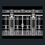 AUDREY'S ART DECO IRONWORK: WEISS AUF SCHWARZ POSTER<br><div class="desc">Audrey's Ironwork ist der schmiedeeiserne Zaun und das Tordesign aus dem Hintergrund unseres Art-Déco-Modedesigns "Audrey". Die Eisenwerkkomposition wurde mit mehreren Fotos französischer Art-Déco-Eisenarbeiten - Zäune,  Tore,  Säulen und einem Steinwerk-Design aus der oberen Kante eines Gebäude erstellt. Schöne architektonische Details.</div>