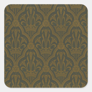 Audsley Vintage Gold Lilie Crown Green Damast Kuns Quadratischer Aufkleber