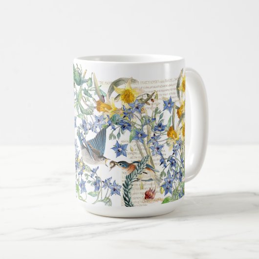 Audubon Drossel-Vogel-Narzissen-Blumen-Tasse Kaffeetasse (VorderseiteRechts)