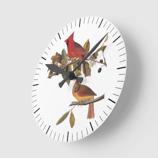 Audubon Kardinal Pair in Wild-Almond-Tree Runde Wanduhr (Winkel)