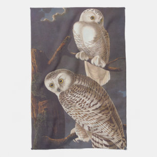 Audubon Snowy White Owls auf einer dunklen wolkige Handtuch