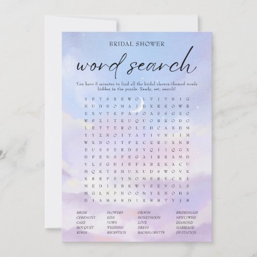 Auf Cloud 9 Brautparty Word Search Game Card Einladung (Vorderseite)