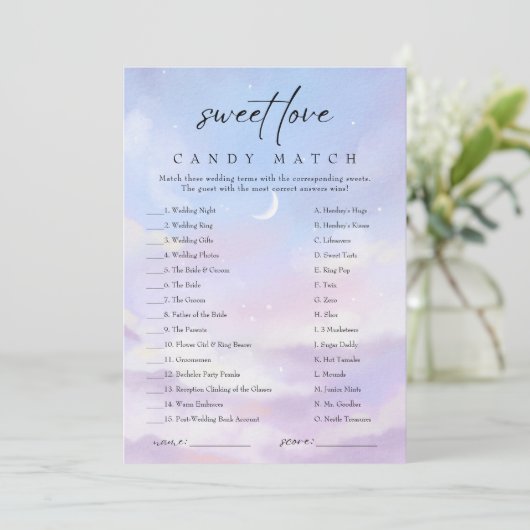 Auf Cloud 9 Candy Match Brautparty Game Card Einladung (Stehend Vorderseite)
