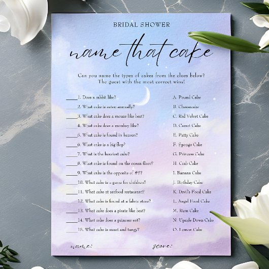 Auf Cloud 9 Name, die Cake Brautparty Game Card Einladung
