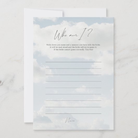 Auf Cloud 9 Wer bin ich Brautparty Game Cards Einladung (Vorderseite)