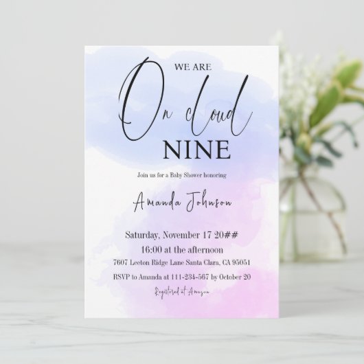 Auf Cloud Nine Calligraphy Blue Pink Baby Shower Einladung (Stehend Vorderseite)