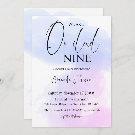 Auf Cloud Nine Calligraphy Blue Pink Baby Shower Einladung (Vorne/Hinten)