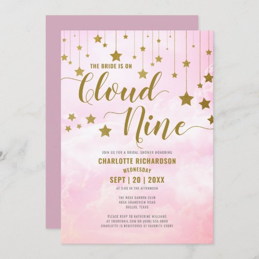 Auf Cloud Nine Dreamy Pastellrosa Brautparty Einladung (Vorne/Hinten)