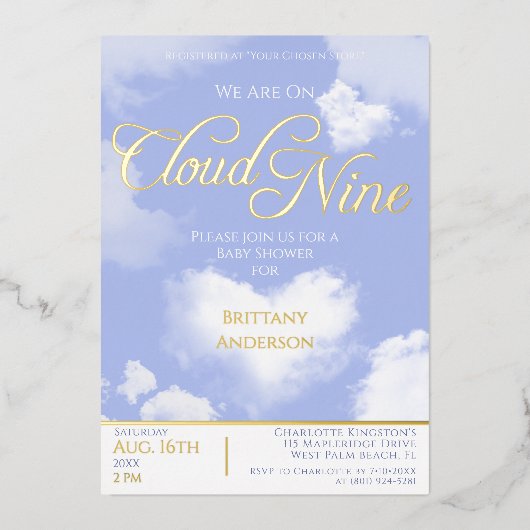 Auf Cloud Nine Elegante Script Baby Shower Gold Folieneinladung (Vorderseite)