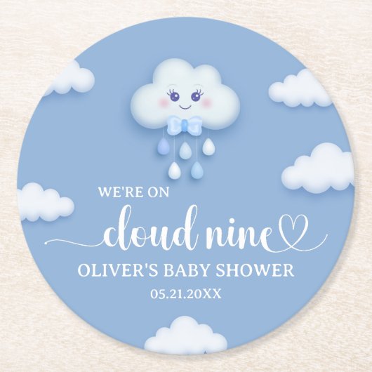 Auf Cloud Nine Modern Blue Boy Baby Dusche Runder Pappuntersetzer (Vorderseite)