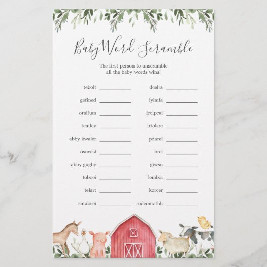 Auf dem Bauernhof Baby Shower Word Scramble Game (Vorderseite)