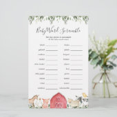 Auf dem Bauernhof Baby Shower Word Scramble Game (Stehend Vorderseite)